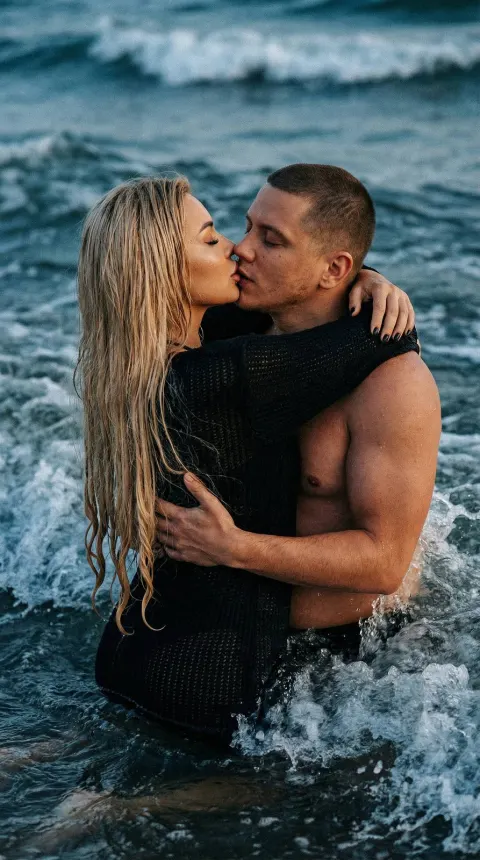 Passionate Kiss in Navy Waves