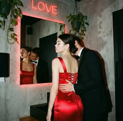 Red Dress Couple Mirror Kiss