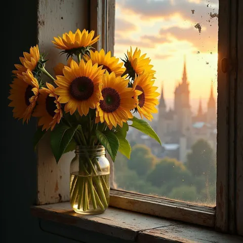 Ancient Sunflowers on a Mystical City Windowsill