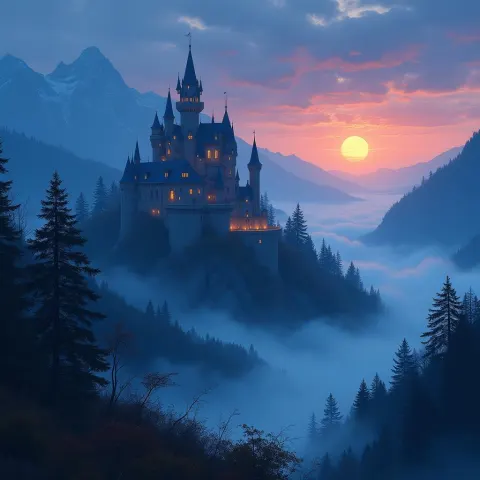 Ethereal Castle Glowing on a Misty Hill