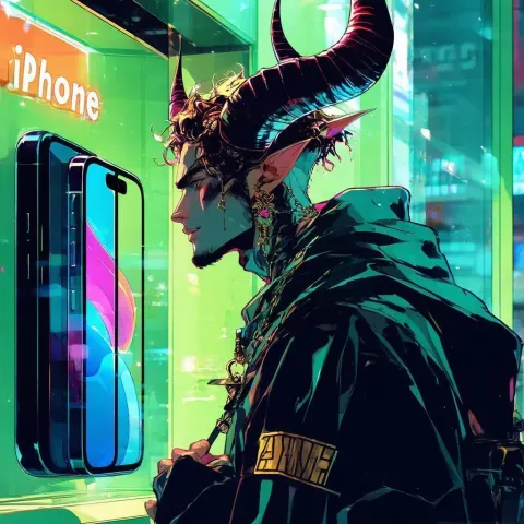 Horned Man Entering an iPhone Shop
