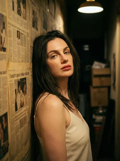 A woman with long brown hair wearing a light off-white tank top stands in a dimly lit room against a wall covered in newspaper clippings.