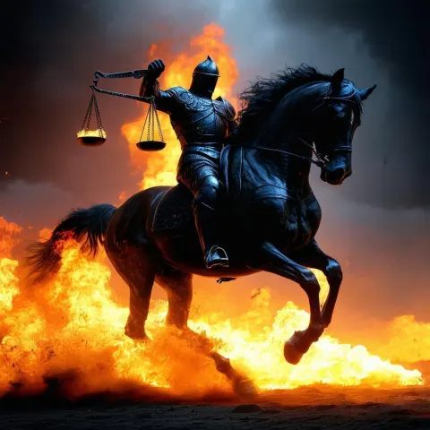 First Horseman Riding Flames With Justice Scales