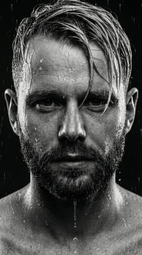 Cinematic Rain Black White Portrait
