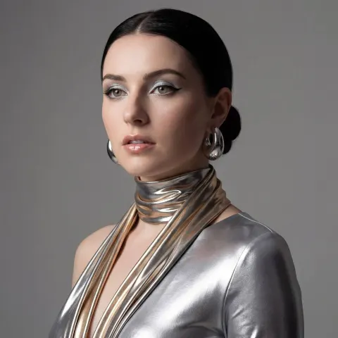 A woman in a silver metallic dress wears large hoop earrings and has her hair styled in a sleek low bun.