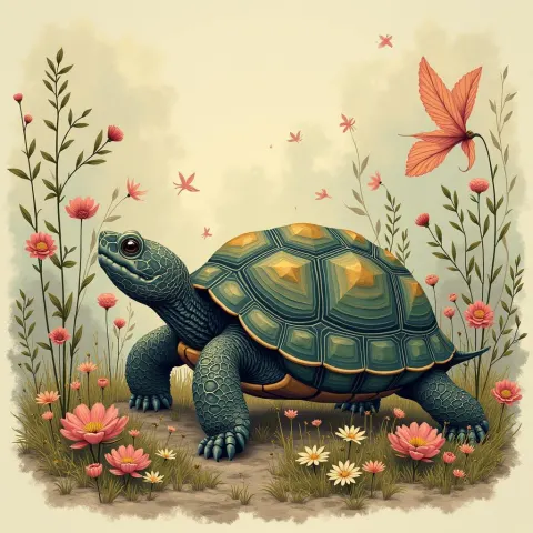 Storybook Turtle in a Whimsical Garden