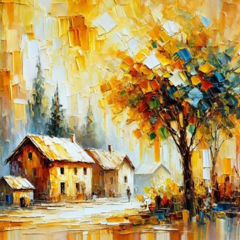 Abstract Oil Painting of Trees and Houses