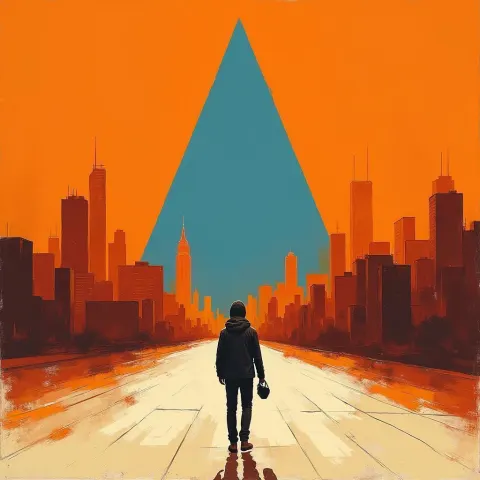 Lone Traveler Before a Rising Blue Triangle