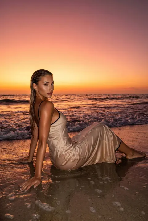 Golden Hour Wet Dress Beach Editorial