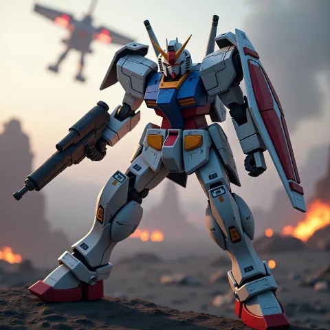 Gundam Mobile Suit Battling Across the Battlefield