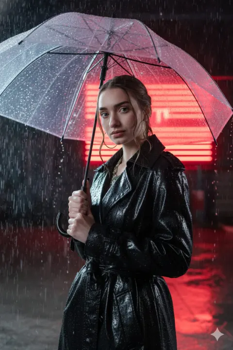 Neon Rain Night Flash Portrait