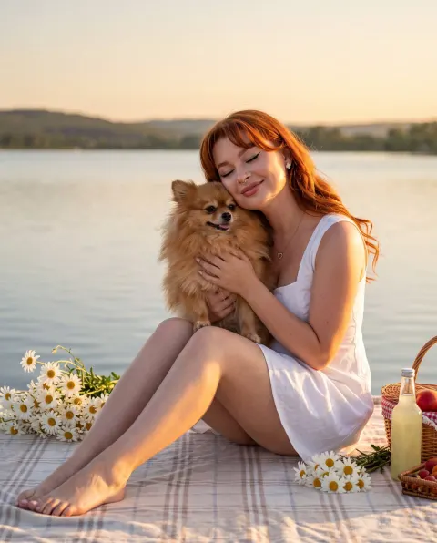 Sunset Lake Moment With Dog