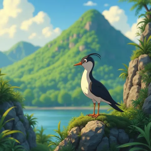 Graceful Bird Perched on Mossy Ghibli Rocks