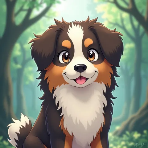 Ghibli Bernese Dog in Whimsical Pastel Forest
