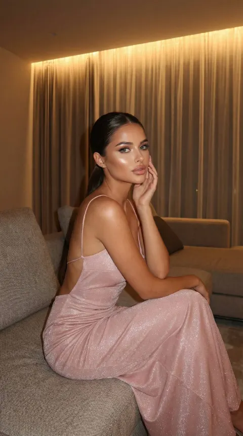 A woman with dark hair in a ponytail sits on a textured sofa wearing a shimmering pink dress.