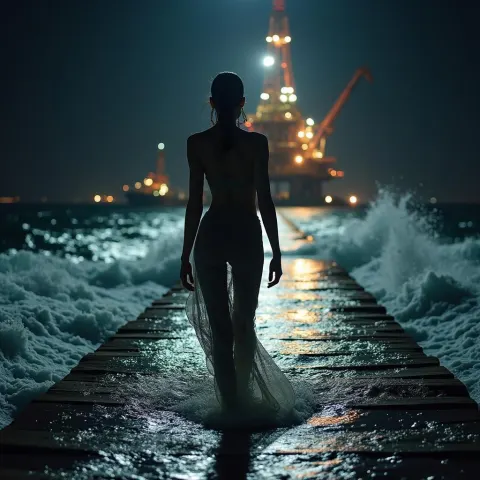 Clay Fashion Catwalk on a Night Oil Rig