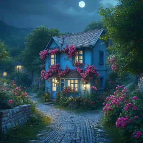 Moonlit Blue Cottage With Pink Blossoms