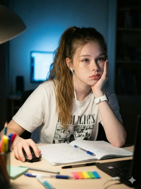 Late-Night Contemplative Woman at Cluttered Desk