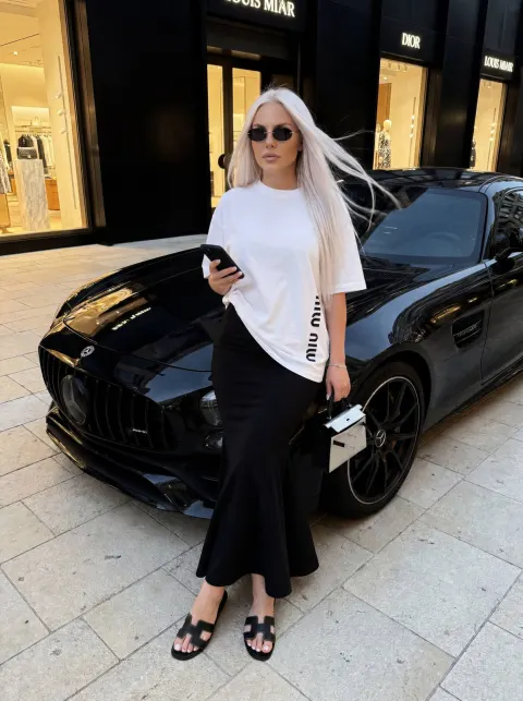 White-Haired Model Luxury Car Street Shoot