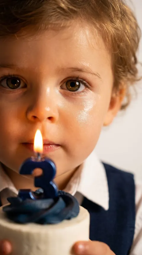 Boy Holds Number 3 Candle Cake