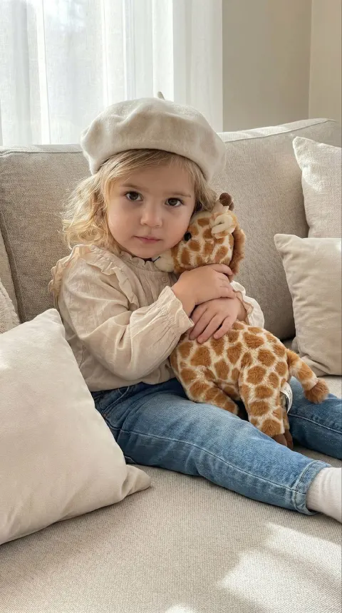 Girl Hugging Plush Giraffe Portrait