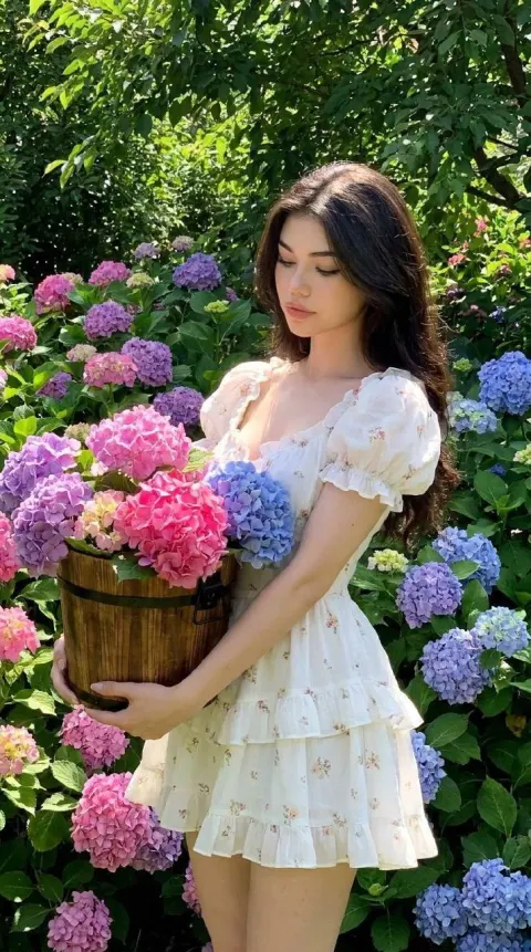 Girl in Blooming Hydrangea Garden