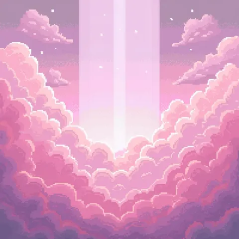 Pink Pixel Clouds Pierced by Light Beams
