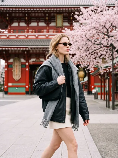 Stylish Girl Walking by Japanese Temple