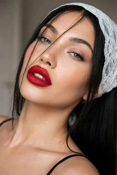 Matte Red Lips Beauty Close-Up