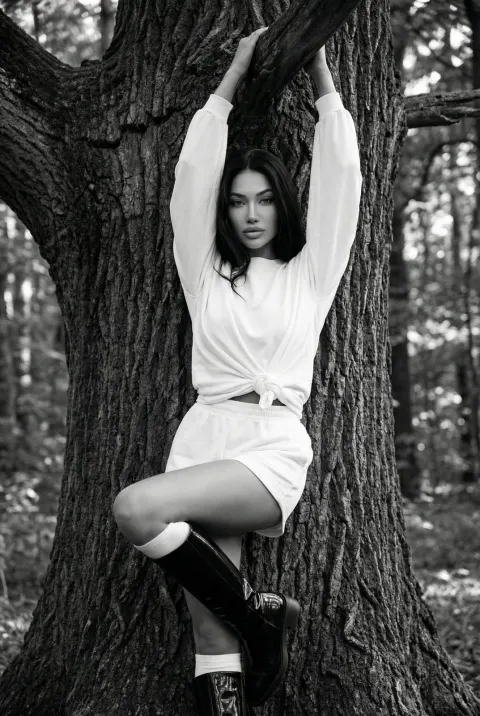 Black and white portrait of a woman in a white knotted top and shorts, leaning against a large tree trunk in a forest with arms raised.