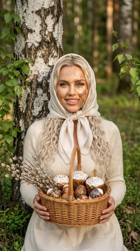 Easter Woman in Birch Forest