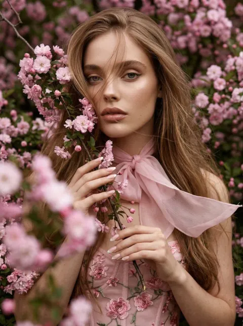 Cinematic Girl Portrait Pink Flowers