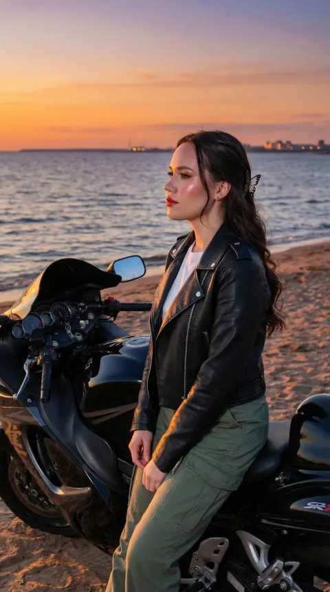 Sunset Beach Motorcycle Girl Portrait