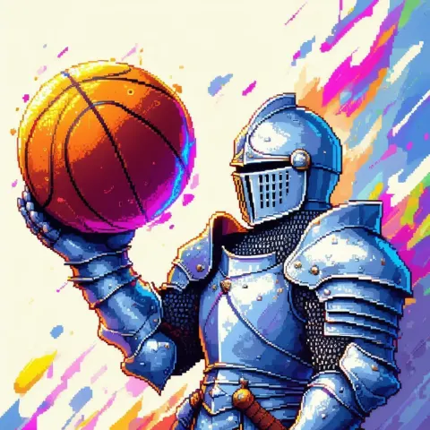Pixel Knight in Silver Armor Holding Basketball