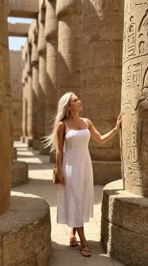 Girl Touching Hieroglyphs At Karnak Temple