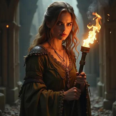 Emma Watson With Fire Staff in Medieval Tunic