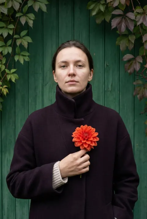 Cinematic Portrait With Dahlia On Wood