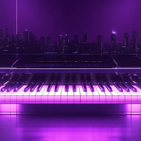 Neon Piano Gleaming in Dark Purple Shadows