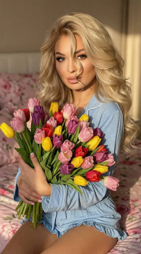 Tulip Girl in Sunlit Bedroom