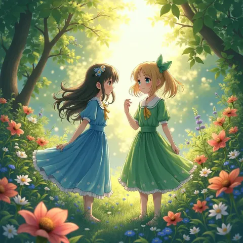 Two Figures Among Vibrant Garden Blossoms