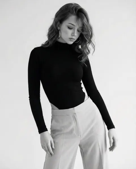 Black and white studio photograph of a person in a black ribbed turtleneck bodysuit and light-colored wide-leg pants, with large hoop earrings and wavy hair.