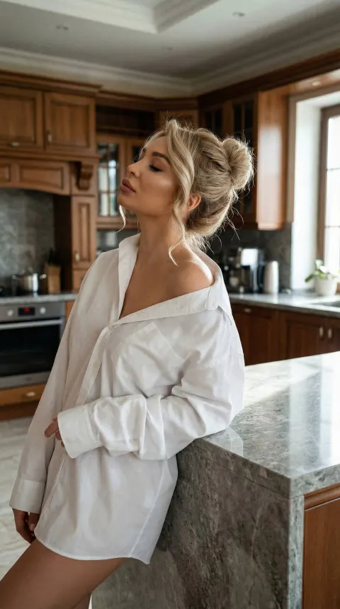A woman with blonde hair tied back in a messy bun leans against a large gray kitchen island wearing an oversized white shirt.