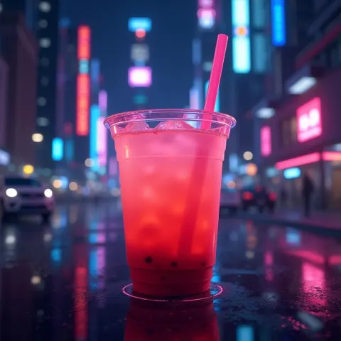 Neon Boba Cup Against Futuristic City Lights