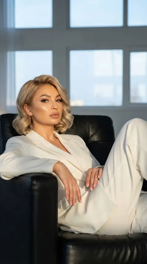 A woman in a white suit sits in a black leather armchair near large windows.