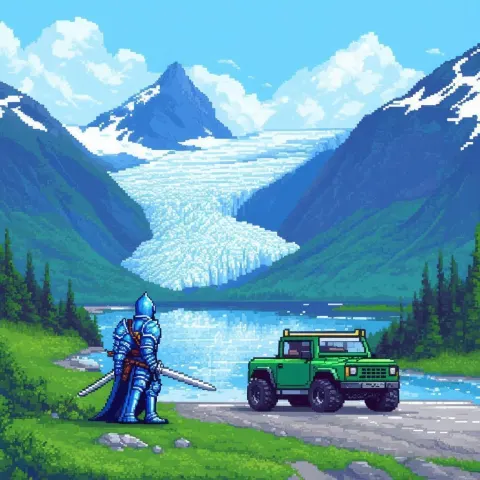 Pixel Blue Knight and Green Car in Norway