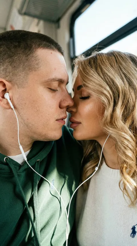 Headphone Lovers Almost Kiss