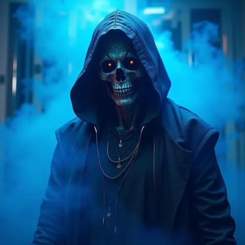 Cybernetic Grim Reaper Wreathed in Blue Neon
