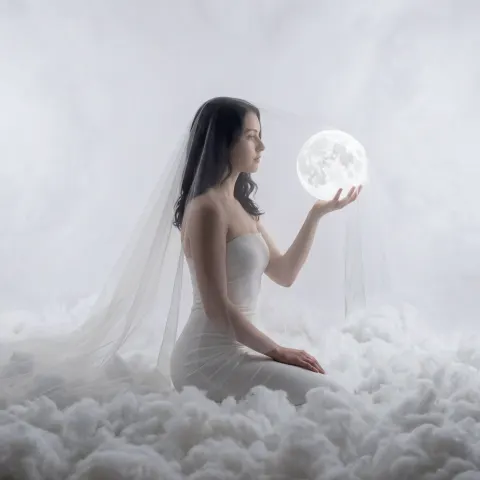 Dreamy Bride Portrait In Clouds