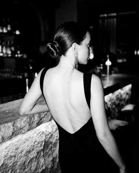 Cinematic Noir Fashion Editorial Backless Dress