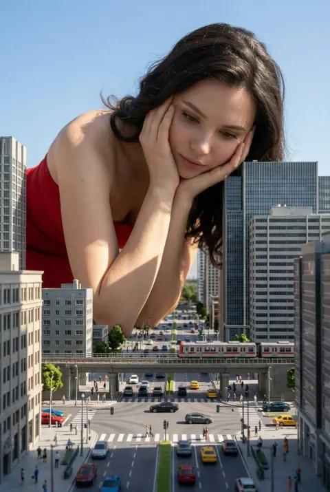 Curious Giant Peers Down at City